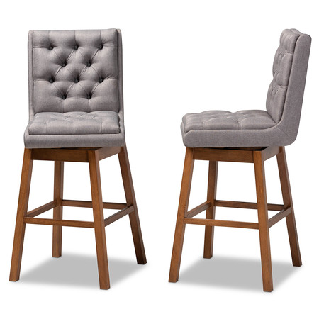 Baxton Studio Gregory Grey Upholstered and Walnut Wood 2-Piece Swivel Bar Stool Set 164-10288